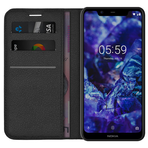 Leather Wallet Case & Card Holder Pouch for Nokia 5.1 Plus - Black